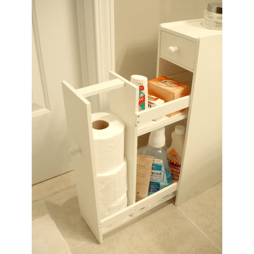 这个柜子适合狭小的空间，上面有高矮化妆品的位置，还有额外的厕纸卷。