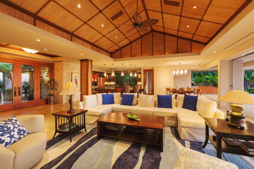 这是一个热带家庭décor客厅的例子。