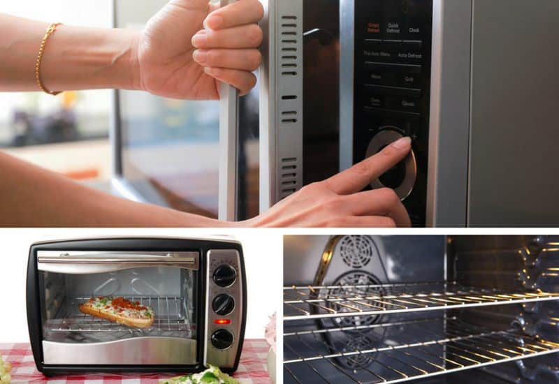微波炉、烤面包机、对流烤箱的照片拼贴。