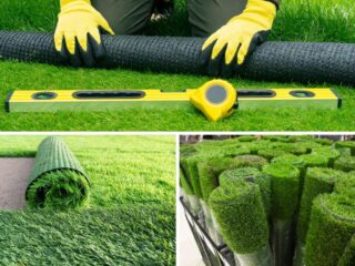A photo collage of an artificial grass in different types.