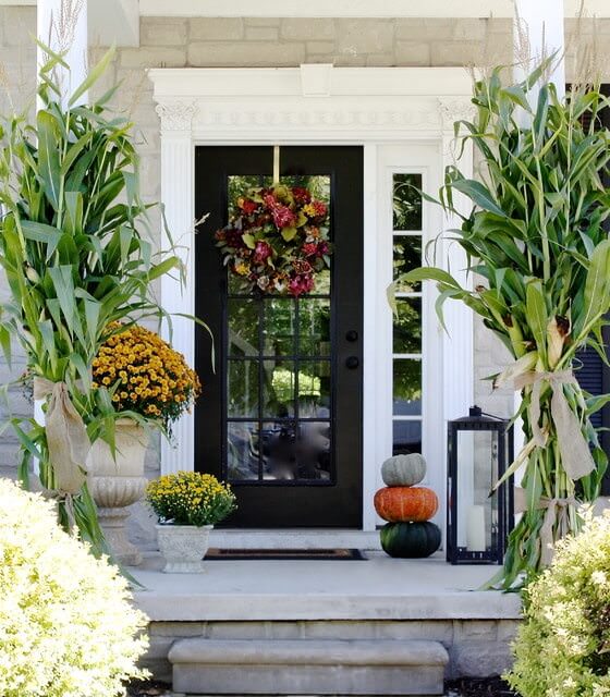 各种植物在这座房子里创造了一个宁静而清新的氛围，黑色铝框的镜面前门。它的风格是希腊柱，装饰南瓜和混凝土平台上的一盏大灯。