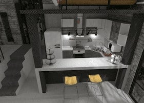 厨房与半岛的架空3D视图