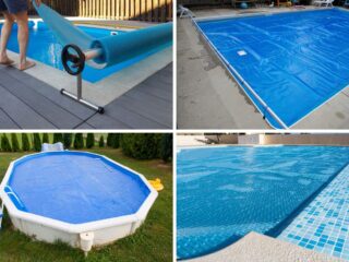 不同类型的泳池盖的拼贴画。