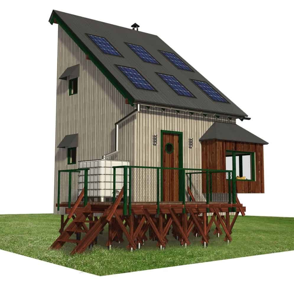 正面渲染有宽敞的门廊和安装了太阳能电池板的陡峭小屋。