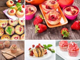 不同类型的草莓松饼的照片拼贴。