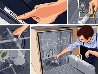 关于如何清洁洗碗机过滤器的拼贴插图。