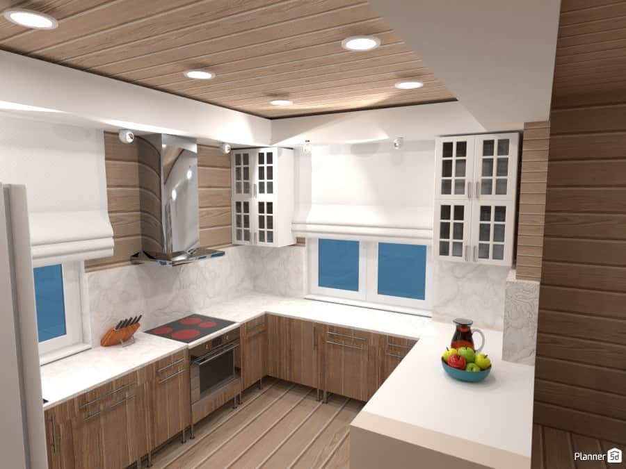 由Planner5d设计的厨房的示例，它是免费的3D厨房设计软件。新利18快乐彩玩法