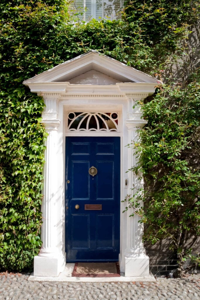 巨大的蔓生植物支配着这所房子，它的前门是蓝色的，有白色的柱子。混凝土地板上还有一块棕色的地毯作为补充。