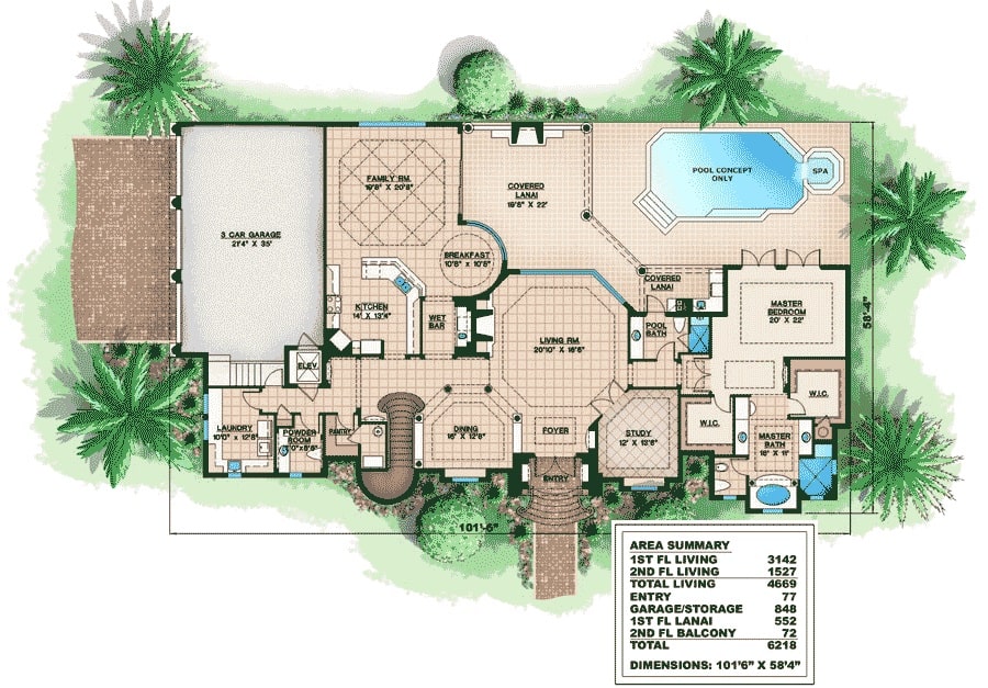Bedroom Mediterranean Home Floor Plan, 3 Level Beach House Plans