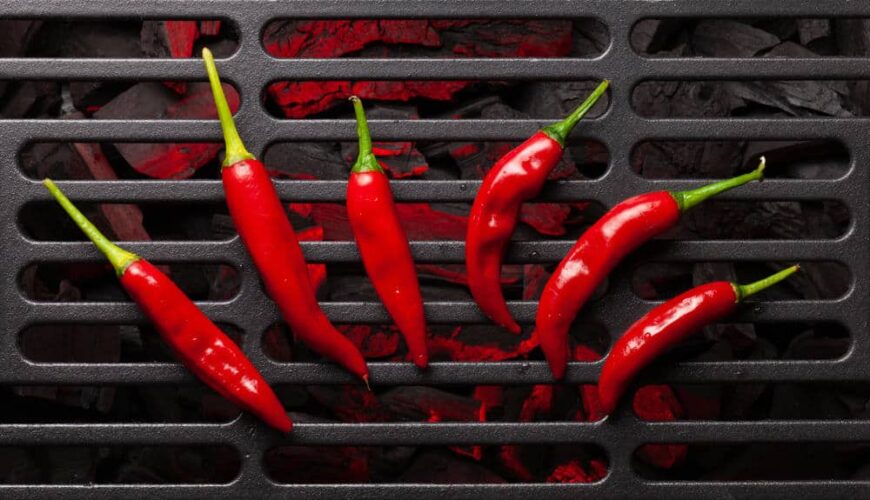 热烤架上的一排红辣椒。